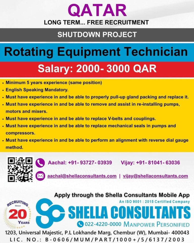 Job Opportunity in Qatar: Technician with salary 2000 - 3000 QAR