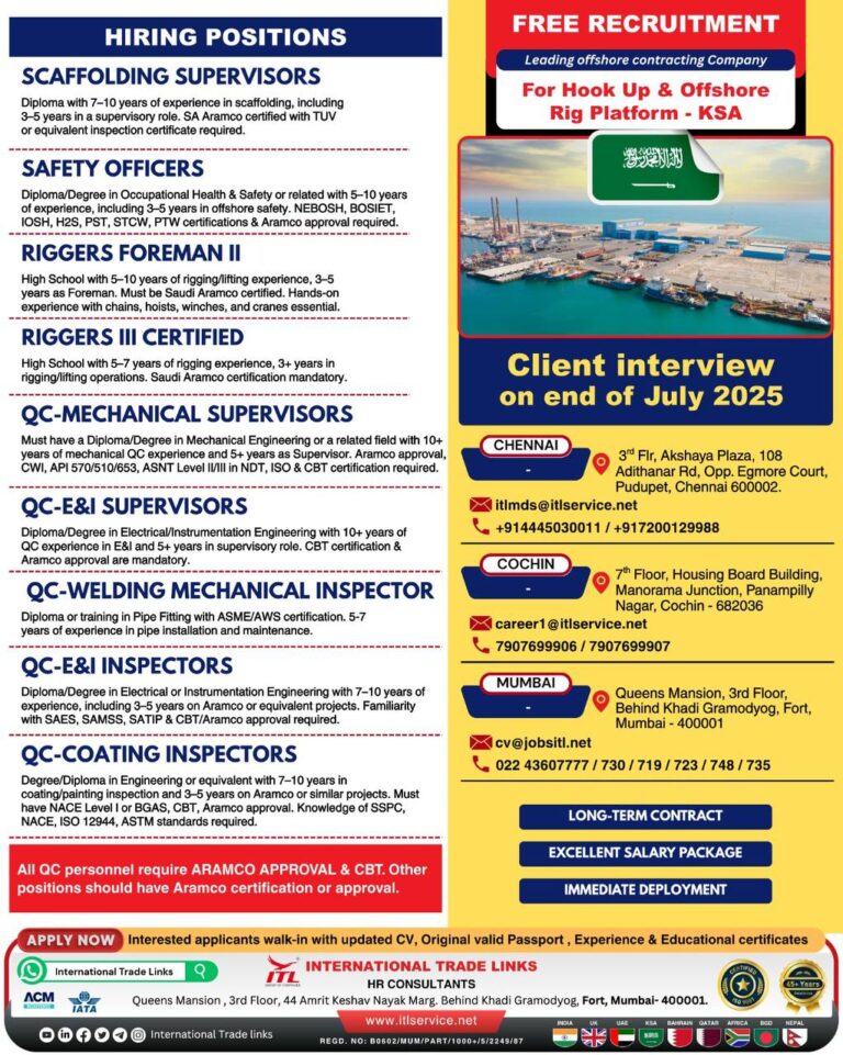 Immediate Recruitment: Job Opportunities in Offshore Rig Platforms in Saudi Arabia