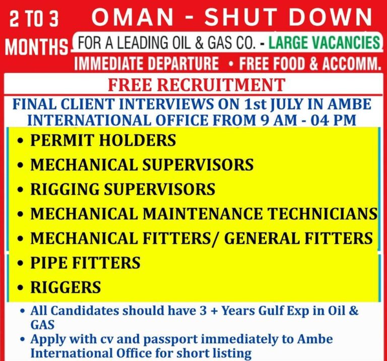 Urgent Oil & Gas Recruitment in Oman Shutdown Project: Large Vacancies